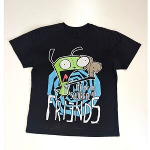 Invader Zim GIR T-Shirt Black Graphic Tee Me and the Squirrel Are Friends Size L